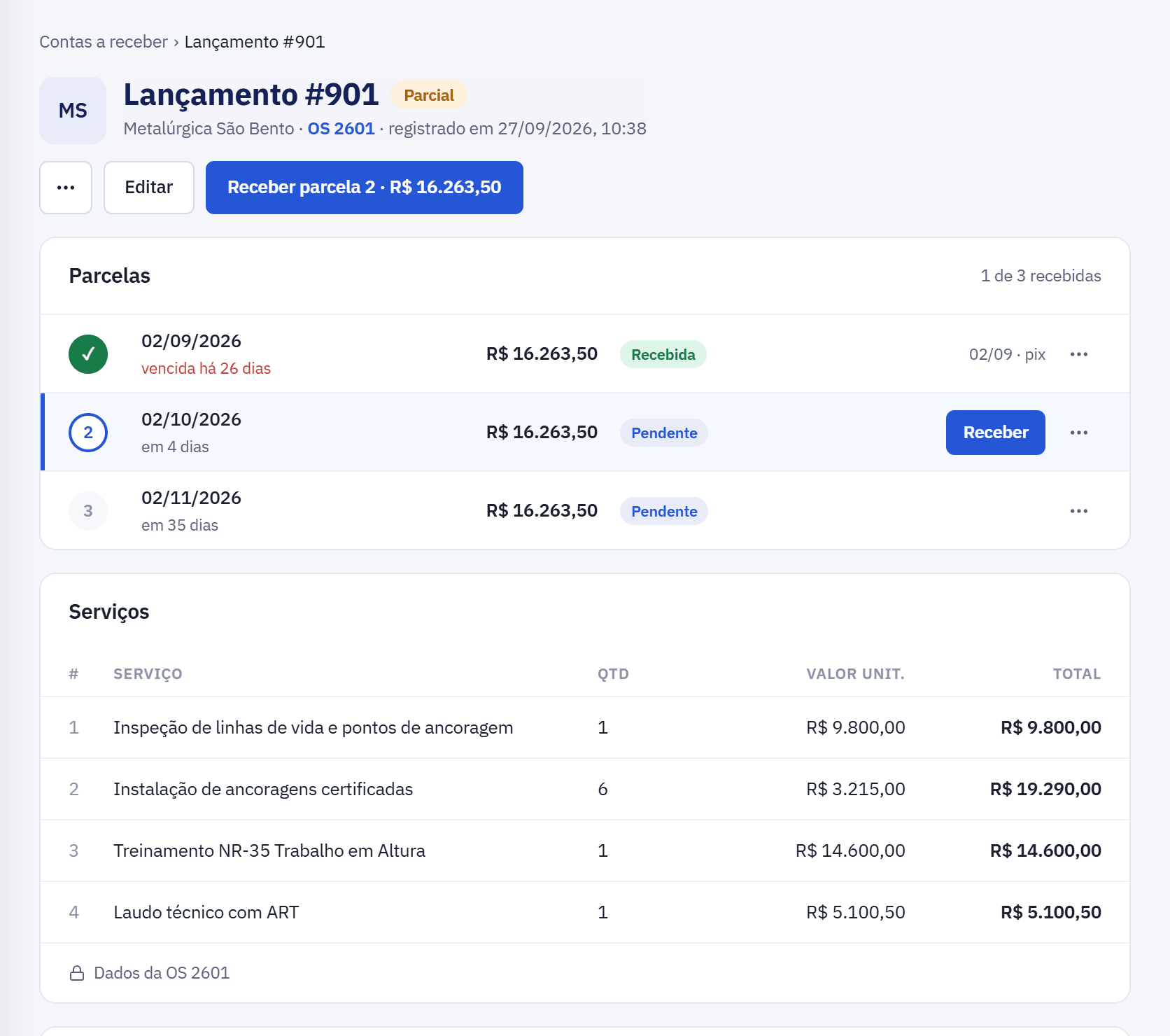Lançamento a receber com parcelas, recebimentos e os serviços da OS